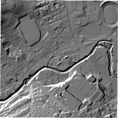 Shaded relief map of the ground around S62BW, computed from Environment Agency LiDAR. The ground here sits at about 63 m above sea level and falls 30 m across the surrounding 800 m. Surface water reaching this point runs off ground lying to the west-south-west, 4.2 m higher.