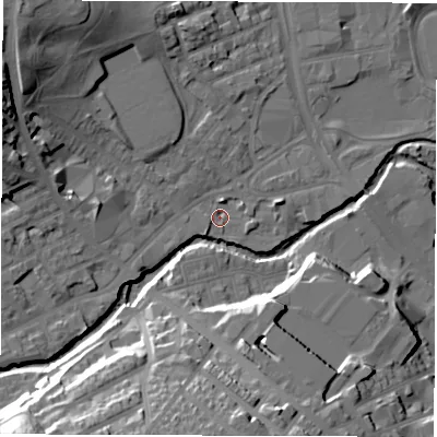 Shaded relief map of the ground around S62BX, computed from Environment Agency LiDAR. The ground here sits at about 62 m above sea level and falls 32 m across the surrounding 800 m. Surface water reaching this point runs off ground lying to the west-south-west, 4.2 m higher.