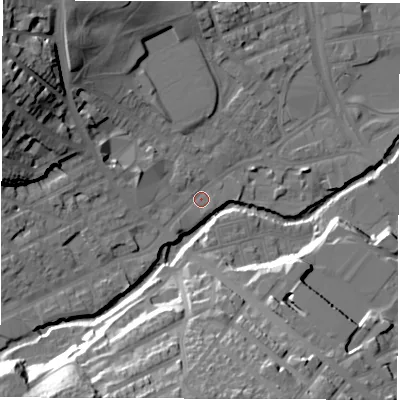 Shaded relief map of the ground around S62BY, computed from Environment Agency LiDAR. The ground here sits at about 64 m above sea level and falls 34 m across the surrounding 800 m. Surface water reaching this point runs off ground lying to the west, 3.0 m higher.
