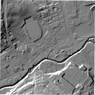 Shaded relief map of the ground around S62BZ, computed from Environment Agency LiDAR. The ground here sits at about 63 m above sea level and falls 26 m across the surrounding 800 m. Surface water reaching this point runs off ground lying to the west-north-west, 15.0 m higher.