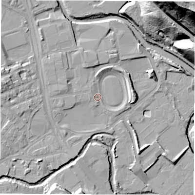 Shaded relief map of the ground around S62DE, computed from Environment Agency LiDAR. The ground here sits at about 60 m above sea level and falls 64 m across the surrounding 800 m. Surface water reaching this point runs off ground lying to the west, 4.2 m higher.