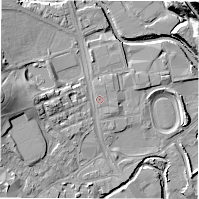 Shaded relief map of the ground around S62DF, computed from Environment Agency LiDAR. The ground here sits at about 62 m above sea level and falls 53 m across the surrounding 800 m. Surface water reaching this point runs off ground lying to the north-north-west, 0.6 m higher.