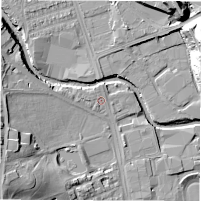 Shaded relief map of the ground around S62DH, computed from Environment Agency LiDAR. The ground here sits at about 63 m above sea level and falls 32 m across the surrounding 800 m. Surface water reaching this point runs off ground lying to the west, 1.8 m higher.