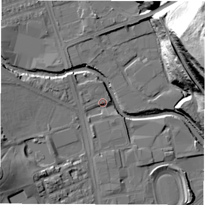 Shaded relief map of the ground around S62DL, computed from Environment Agency LiDAR. The ground here sits at about 62 m above sea level and falls 63 m across the surrounding 800 m. Surface water reaching this point runs off ground lying to the west-south-west, 14.7 m higher.