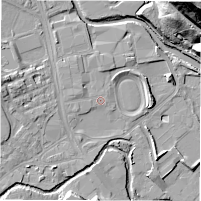 Shaded relief map of the ground around S62DQ, computed from Environment Agency LiDAR. The ground here sits at about 61 m above sea level and falls 61 m across the surrounding 800 m. Surface water reaching this point runs off ground lying to the west-north-west, 1.9 m higher.