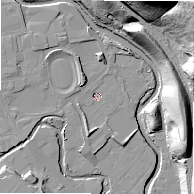 Shaded relief map of the ground around S62ET, computed from Environment Agency LiDAR. The ground here sits at about 57 m above sea level and falls 66 m across the surrounding 800 m. Surface water reaching this point runs off ground lying to the south-south-west, 5.1 m higher.
