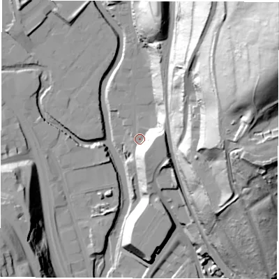 Shaded relief map of the ground around S62FH, computed from Environment Agency LiDAR. The ground here sits at about 55 m above sea level and falls 104 m across the surrounding 800 m. Surface water reaching this point runs off ground lying to the north, 28.0 m higher.