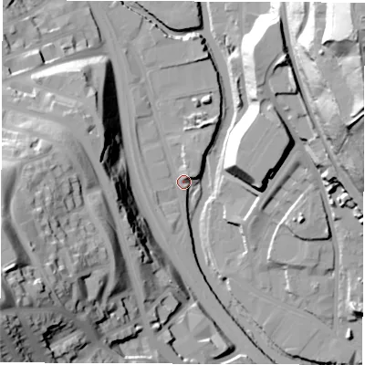 Shaded relief map of the ground around S62FJ, computed from Environment Agency LiDAR. The ground here sits at about 55 m above sea level and falls 67 m across the surrounding 800 m. Surface water reaching this point runs off ground lying to the north-north-east, 4.9 m higher.