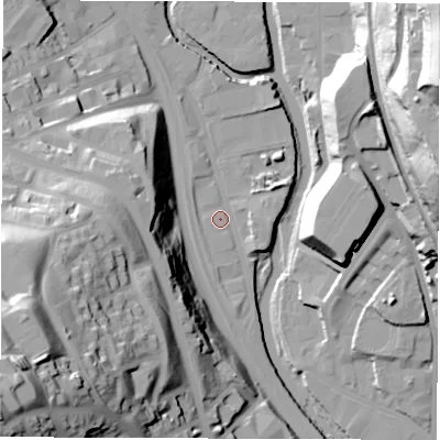 Shaded relief map of the ground around S62FL, computed from Environment Agency LiDAR. The ground here sits at about 55 m above sea level and falls 72 m across the surrounding 800 m. Surface water reaching this point runs off ground lying to the east-north-east, 4.8 m higher.