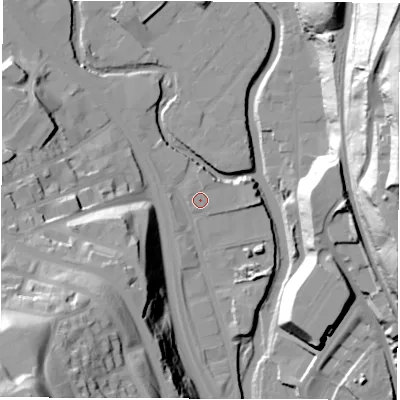 Shaded relief map of the ground around S62FQ, computed from Environment Agency LiDAR. The ground here sits at about 56 m above sea level and falls 60 m across the surrounding 800 m. Surface water reaching this point runs off ground lying to the north-east, 1.3 m higher.