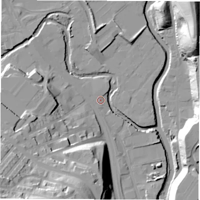 Shaded relief map of the ground around S62FU, computed from Environment Agency LiDAR. The ground here sits at about 57 m above sea level and falls 42 m across the surrounding 800 m. Surface water reaching this point runs off ground lying to the west-north-west, 1.7 m higher.