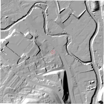 Shaded relief map of the ground around S62FW, computed from Environment Agency LiDAR. The ground here sits at about 59 m above sea level and falls 49 m across the surrounding 800 m. Surface water reaching this point runs off ground lying to the west-south-west, 18.7 m higher.