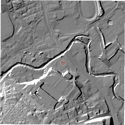 Shaded relief map of the ground around S62GF, computed from Environment Agency LiDAR. The ground here sits at about 61 m above sea level and falls 35 m across the surrounding 800 m. Surface water reaching this point runs off ground lying to the south-south-west, 23.6 m higher.