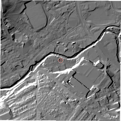 Shaded relief map of the ground around S62LB, computed from Environment Agency LiDAR. The ground here sits at about 64 m above sea level and falls 39 m across the surrounding 800 m. Surface water reaching this point runs off ground lying to the south, 9.6 m higher.