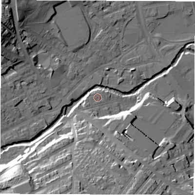 Shaded relief map of the ground around S62LE, computed from Environment Agency LiDAR. The ground here sits at about 65 m above sea level and falls 37 m across the surrounding 800 m. Surface water reaching this point runs off ground lying to the south-west, 1.6 m higher.