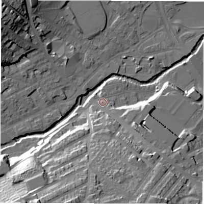 Shaded relief map of the ground around S62LX, computed from Environment Agency LiDAR. The ground here sits at about 67 m above sea level and falls 45 m across the surrounding 800 m. Surface water reaching this point runs off ground lying to the south, 28.5 m higher.
