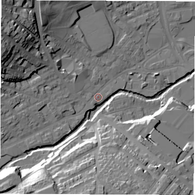 Shaded relief map of the ground around S62LY, computed from Environment Agency LiDAR. The ground here sits at about 65 m above sea level and falls 35 m across the surrounding 800 m. Surface water reaching this point runs off ground lying to the west-north-west, 2.3 m higher.