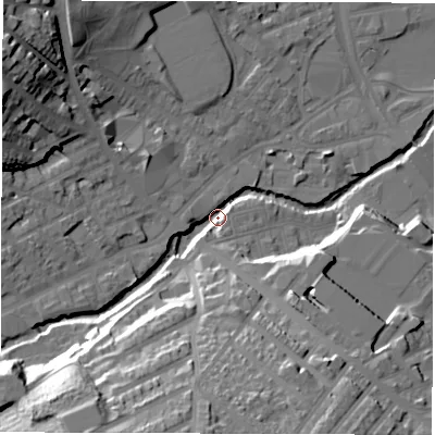 Shaded relief map of the ground around S62LZ, computed from Environment Agency LiDAR. The ground here sits at about 62 m above sea level and falls 37 m across the surrounding 800 m. Surface water reaching this point runs off ground lying to the south-south-west, 34.7 m higher.