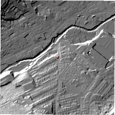 Shaded relief map of the ground around S62PB, computed from Environment Agency LiDAR. The ground here sits at about 75 m above sea level and falls 65 m across the surrounding 800 m. Surface water reaching this point runs off ground lying to the south-south-west, 51.9 m higher.