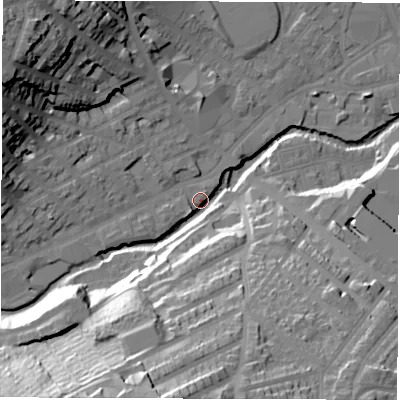 Shaded relief map of the ground around S62PD, computed from Environment Agency LiDAR. The ground here sits at about 66 m above sea level and falls 49 m across the surrounding 800 m. Surface water reaching this point runs off ground lying to the south-south-west, 42.6 m higher.