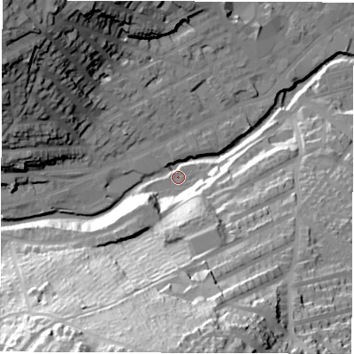 Shaded relief map of the ground around S62PF, computed from Environment Agency LiDAR. The ground here sits at about 68 m above sea level and falls 72 m across the surrounding 800 m. Surface water reaching this point runs off ground lying to the south, 67.4 m higher.