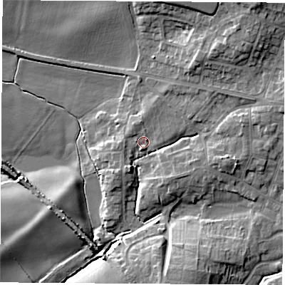 Shaded relief map of the ground around S630FF, computed from Environment Agency LiDAR. The ground here sits at about 34 m above sea level and falls 16 m across the surrounding 800 m. Surface water reaching this point runs off ground lying to the north-east, 2.5 m higher.