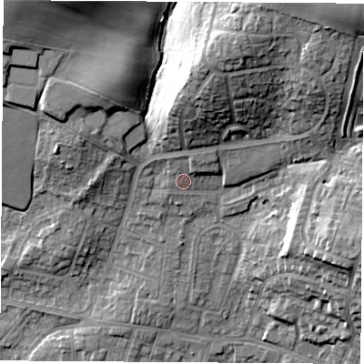 Shaded relief map of the ground around S630LQ, computed from Environment Agency LiDAR. The ground here sits at about 43 m above sea level and falls 26 m across the surrounding 800 m. Surface water reaching this point runs off ground lying to the north, 2.5 m higher.