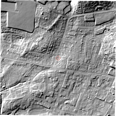 Shaded relief map of the ground around S630NN, computed from Environment Agency LiDAR. The ground here sits at about 38 m above sea level and falls 22 m across the surrounding 800 m. Surface water reaching this point runs off ground lying to the north-north-east, 15.4 m higher.