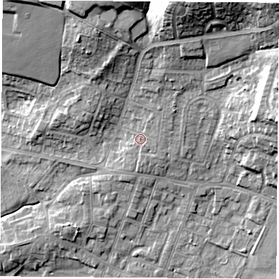 Shaded relief map of the ground around S630NP, computed from Environment Agency LiDAR. The ground here sits at about 40 m above sea level and falls 23 m across the surrounding 800 m. Surface water reaching this point runs off ground lying to the north-north-east, 1.1 m higher.