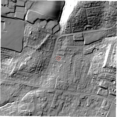 Shaded relief map of the ground around S630NS, computed from Environment Agency LiDAR. The ground here sits at about 41 m above sea level and falls 26 m across the surrounding 800 m. Surface water reaching this point runs off ground lying to the north-north-east, 1.3 m higher.