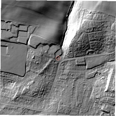 Shaded relief map of the ground around S630NU, computed from Environment Agency LiDAR. The ground here sits at about 44 m above sea level and falls 27 m across the surrounding 800 m. Surface water reaching this point runs off ground lying to the north-north-west, 7.5 m higher.