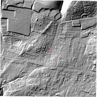 Shaded relief map of the ground around S630NW, computed from Environment Agency LiDAR. The ground here sits at about 40 m above sea level and falls 25 m across the surrounding 800 m. Surface water reaching this point runs off ground lying to the north-north-east, 19.0 m higher.