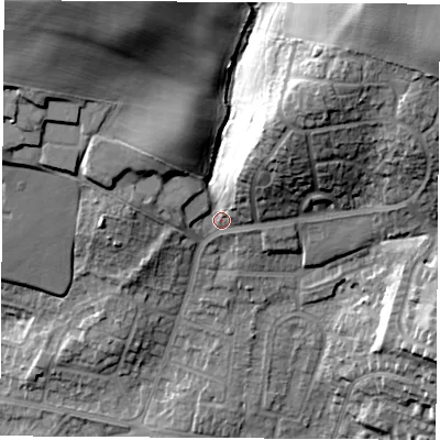 Shaded relief map of the ground around S630NX, computed from Environment Agency LiDAR. The ground here sits at about 45 m above sea level and falls 27 m across the surrounding 800 m. Surface water reaching this point runs off ground lying to the north-east, 19.8 m higher.