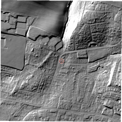 Shaded relief map of the ground around S630PS, computed from Environment Agency LiDAR. The ground here sits at about 43 m above sea level and falls 27 m across the surrounding 800 m. Surface water reaching this point runs off ground lying to the north-east, 17.3 m higher.