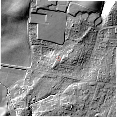 Shaded relief map of the ground around S630PU, computed from Environment Agency LiDAR. The ground here sits at about 40 m above sea level and falls 27 m across the surrounding 800 m. Surface water reaching this point runs off ground lying to the south-east, 1.2 m higher.