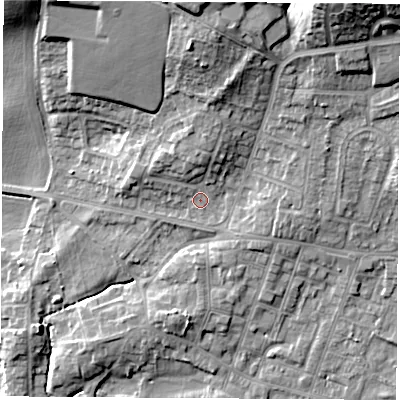 Shaded relief map of the ground around S630QA, computed from Environment Agency LiDAR. The ground here sits at about 38 m above sea level and falls 22 m across the surrounding 800 m. Surface water reaching this point runs off ground lying to the north-east, 15.7 m higher.