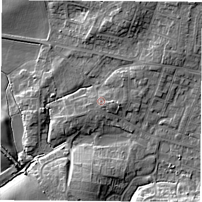 Shaded relief map of the ground around S630RJ, computed from Environment Agency LiDAR. The ground here sits at about 37 m above sea level and falls 14 m across the surrounding 800 m. Surface water reaching this point runs off ground lying to the east, 2.4 m higher.