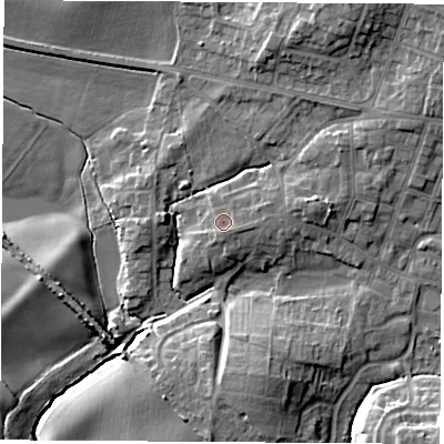Shaded relief map of the ground around S630RL, computed from Environment Agency LiDAR. The ground here sits at about 36 m above sea level and falls 14 m across the surrounding 800 m. Surface water reaching this point runs off ground lying to the east-south-east, 1.2 m higher.