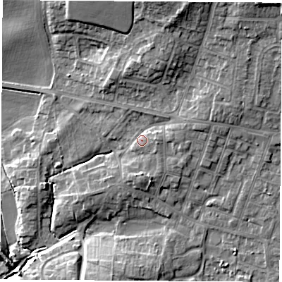 Shaded relief map of the ground around S630RQ, computed from Environment Agency LiDAR. The ground here sits at about 38 m above sea level and falls 17 m across the surrounding 800 m. Surface water reaching this point runs off ground lying to the east-south-east, 1.6 m higher.