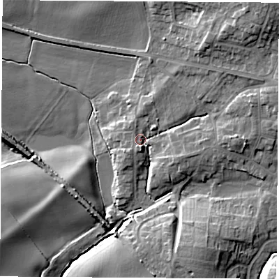 Shaded relief map of the ground around S630RS, computed from Environment Agency LiDAR. The ground here sits at about 35 m above sea level and falls 14 m across the surrounding 800 m. Surface water reaching this point runs off ground lying to the east, 6.2 m higher.