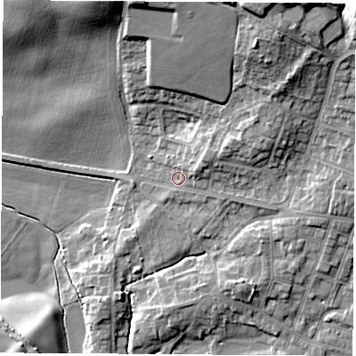 Shaded relief map of the ground around S630SA, computed from Environment Agency LiDAR. The ground here sits at about 37 m above sea level and falls 21 m across the surrounding 800 m. Surface water reaching this point runs off ground lying to the north-north-east, 13.9 m higher.