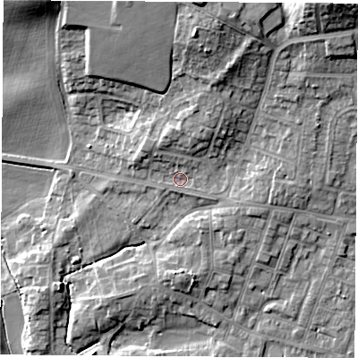 Shaded relief map of the ground around S630SB, computed from Environment Agency LiDAR. The ground here sits at about 38 m above sea level and falls 22 m across the surrounding 800 m. Surface water reaching this point runs off ground lying to the north-east, 14.5 m higher.