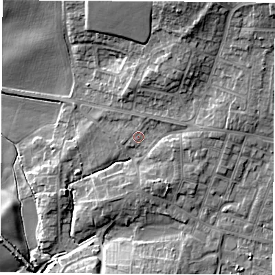 Shaded relief map of the ground around S630SD, computed from Environment Agency LiDAR. The ground here sits at about 37 m above sea level and falls 17 m across the surrounding 800 m. Surface water reaching this point runs off ground lying to the east, 3.6 m higher.