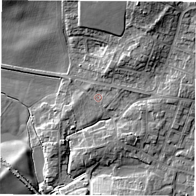 Shaded relief map of the ground around S630SE, computed from Environment Agency LiDAR. The ground here sits at about 36 m above sea level and falls 19 m across the surrounding 800 m. Surface water reaching this point runs off ground lying to the east-north-east, 1.6 m higher.