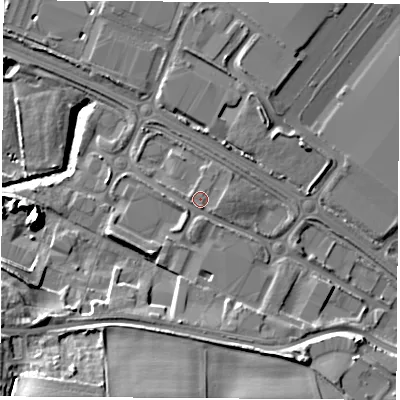 Shaded relief map of the ground around S635DB, computed from Environment Agency LiDAR. The ground here sits at about 23 m above sea level and falls 18 m across the surrounding 800 m. Surface water reaching this point runs off ground lying to the east, 1.2 m higher.