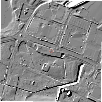 Shaded relief map of the ground around S635DN, computed from Environment Agency LiDAR. The ground here sits at about 21 m above sea level and falls 14 m across the surrounding 800 m. Surface water reaching this point runs off ground lying to the north-east, 10.3 m higher.
