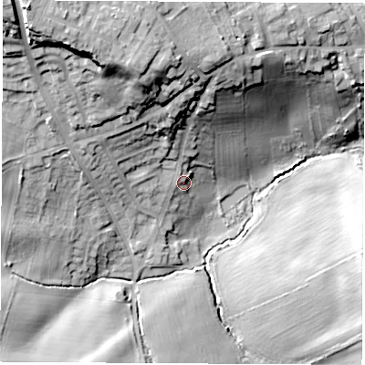 Shaded relief map of the ground around S636AA, computed from Environment Agency LiDAR. The ground here sits at about 35 m above sea level and falls 37 m across the surrounding 800 m. Surface water reaching this point runs off ground lying to the north-north-west, 24.5 m higher.