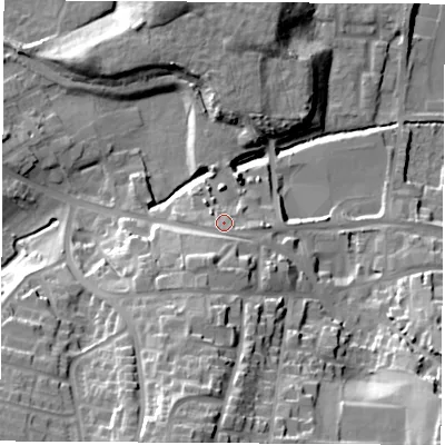 Shaded relief map of the ground around S636PU, computed from Environment Agency LiDAR. The ground here sits at about 30 m above sea level and falls 37 m across the surrounding 800 m. Surface water reaching this point runs off ground lying to the south-south-west, 7.7 m higher.