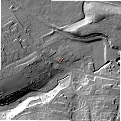 Shaded relief map of the ground around S636PY, computed from Environment Agency LiDAR. The ground here sits at about 28 m above sea level and falls 30 m across the surrounding 800 m. Surface water reaching this point runs off ground lying to the west-north-west, 2.7 m higher.