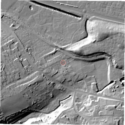 Shaded relief map of the ground around S636QD, computed from Environment Agency LiDAR. The ground here sits at about 25 m above sea level and falls 28 m across the surrounding 800 m. Surface water reaching this point runs off ground lying to the south-west, 16.2 m higher.